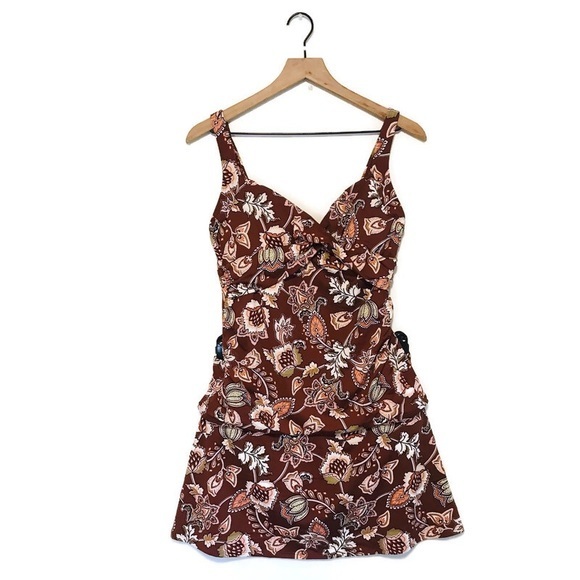 Lands’ End Brown Paisley Floral Underwire Tankini Swimsuit Skort Women’s size 8 - Picture 1 of 13